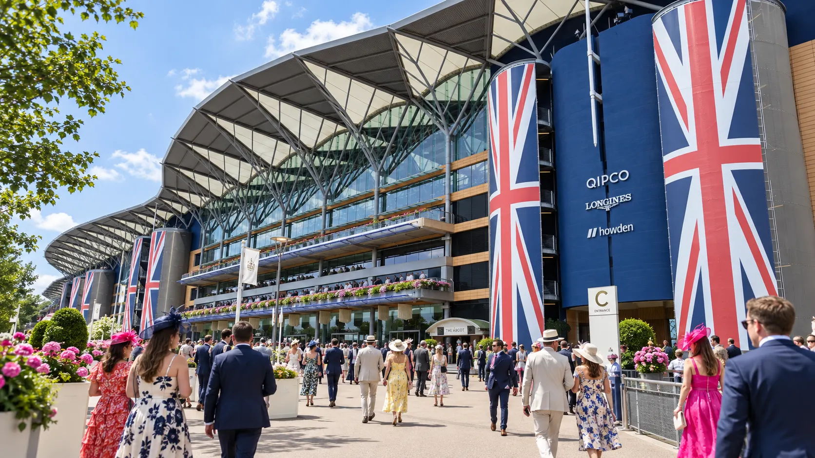 Photorealistic illustration of racegoers approaching Ascot Racecourse in summer daylight