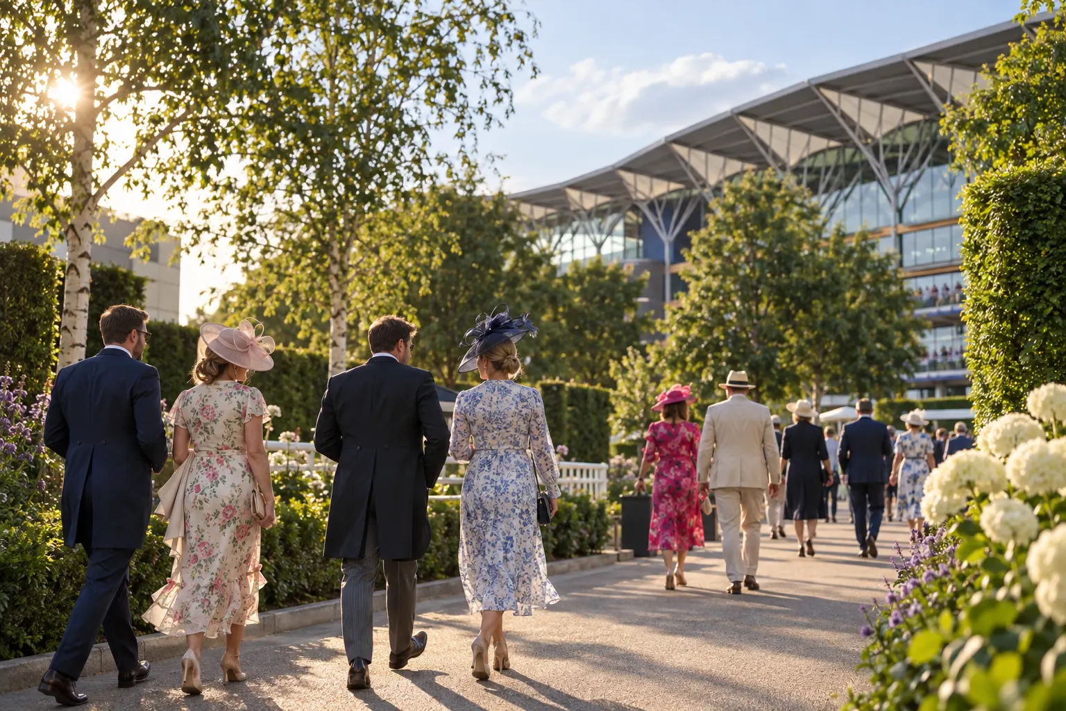 Illustration of racegoers departing along a landscaped path at Ascot Racecourse