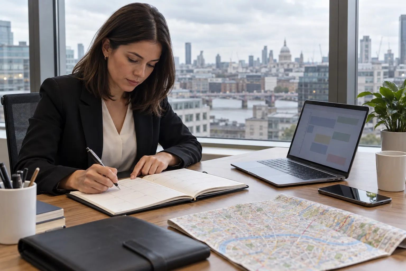 AI illustration of an organiser preparing a journey itinerary at a desk