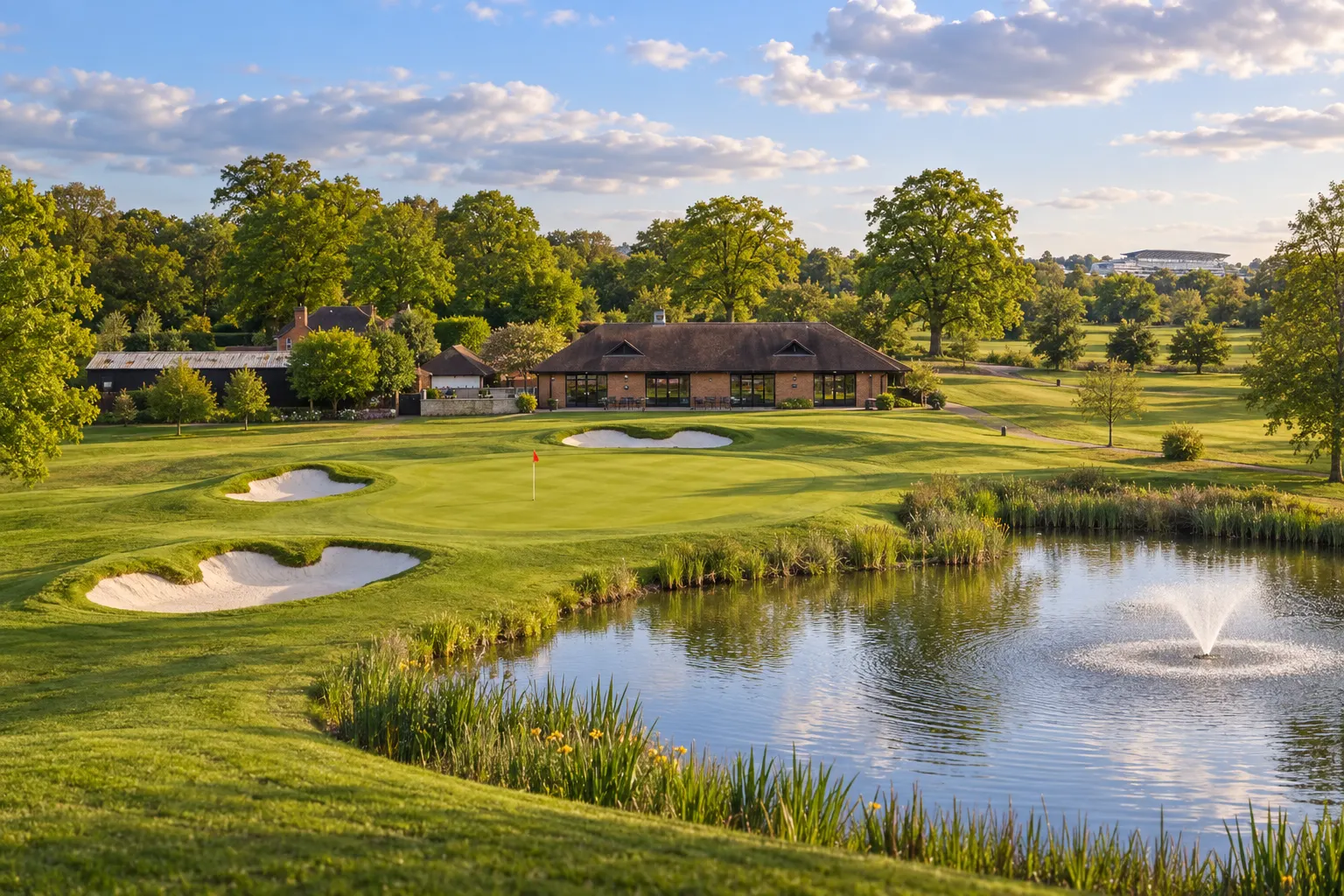 Illustrative Royal Ascot Golf Club clubhouse and green, grounded in the club's published aerial view