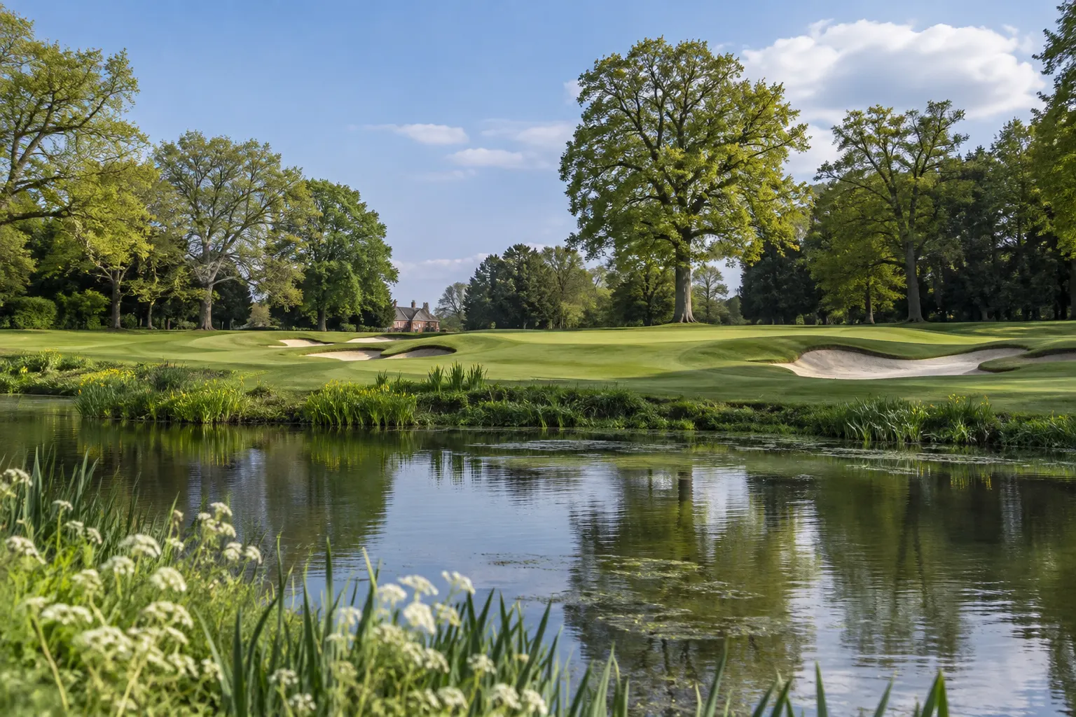 Illustrative pond, green and bunkers at Royal Ascot Golf Club, grounded in course imagery