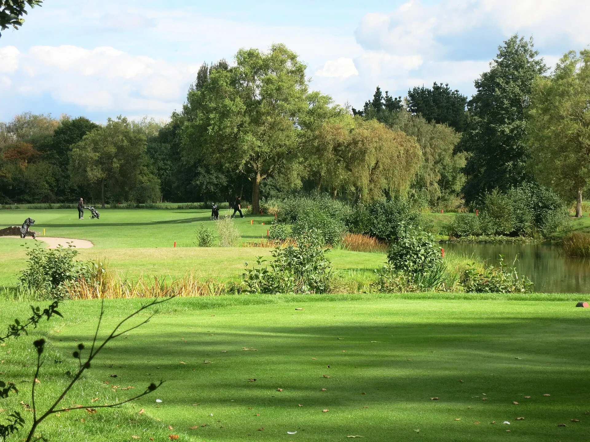 Golfers on a green beside the lake at Sand Martins Golf Course in October 2016