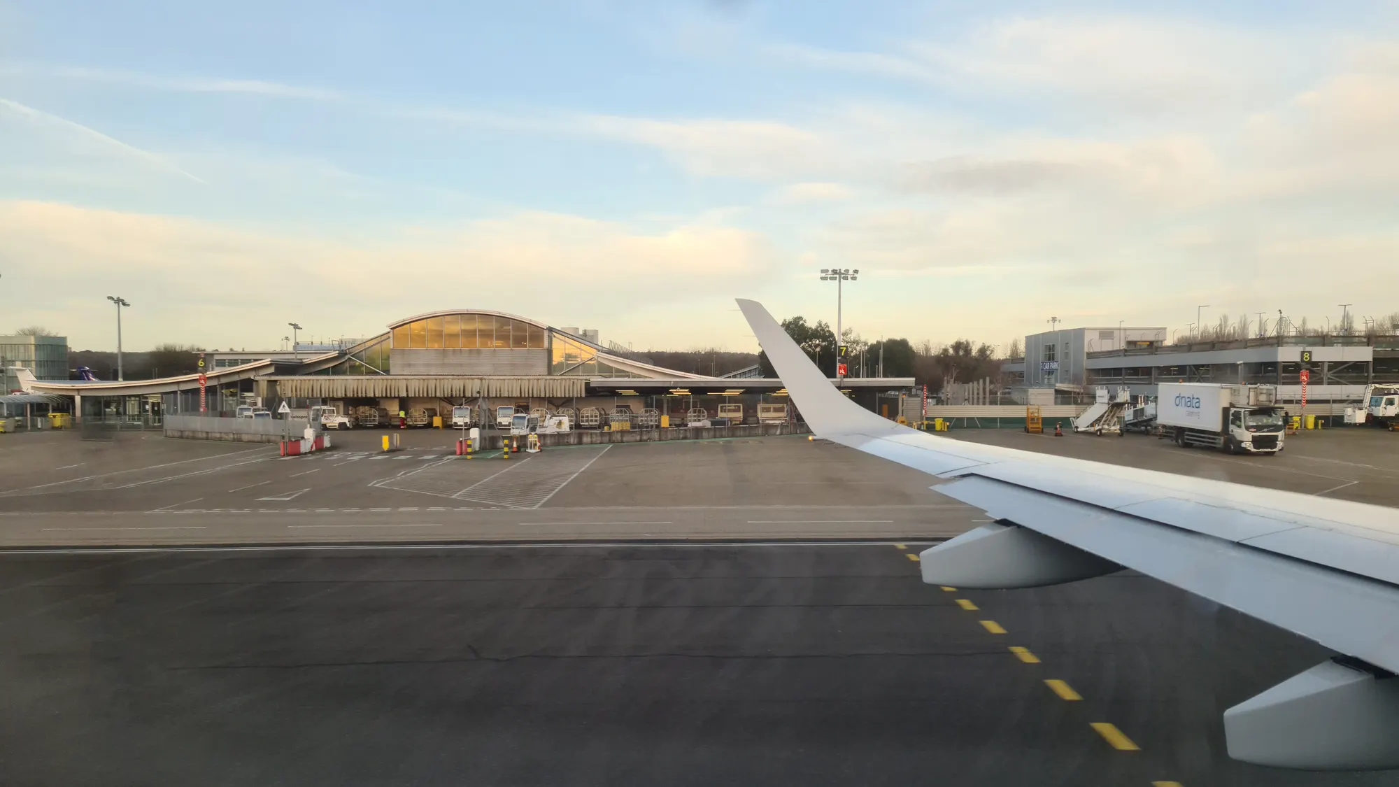 Southampton Airport passenger terminal viewed from the apron in February 2022; not a landside entrance view