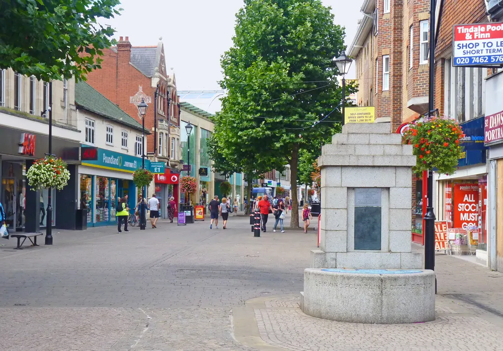 Pedestrianised Staines High Street in August 2013