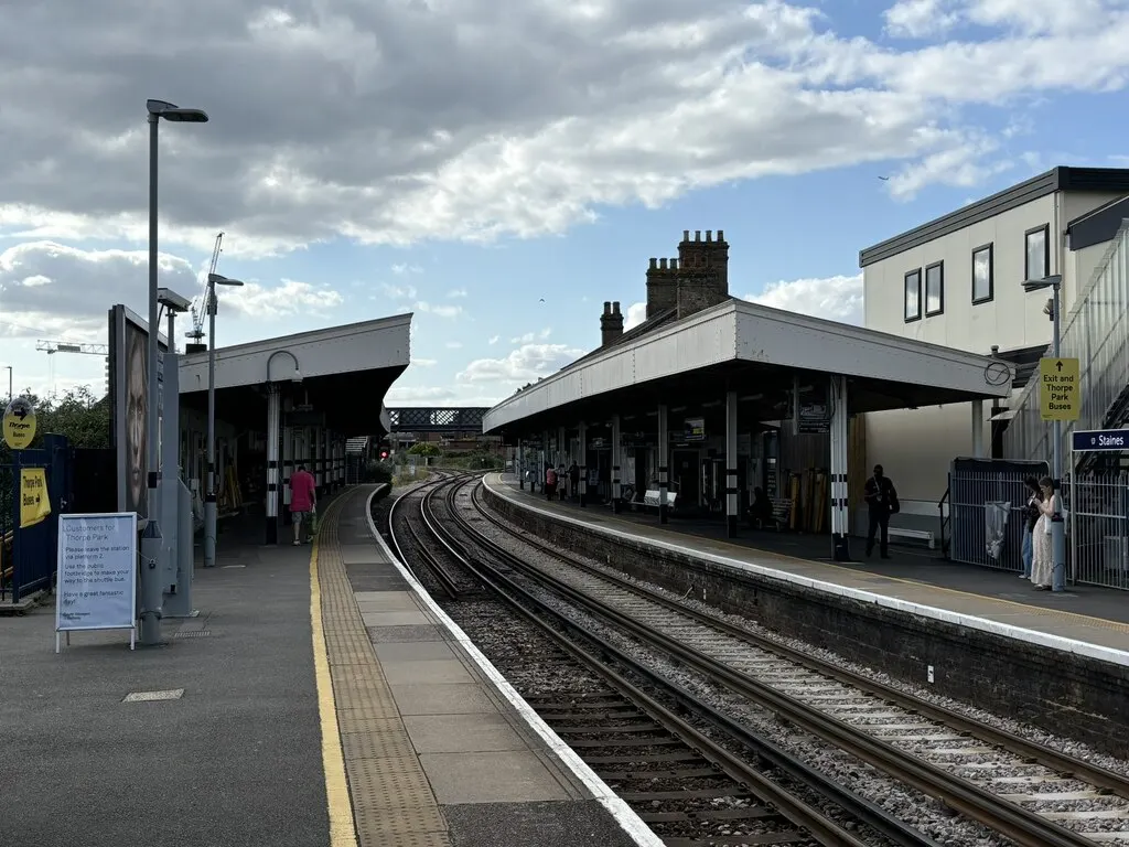 Platforms at Staines railway station in August 2024