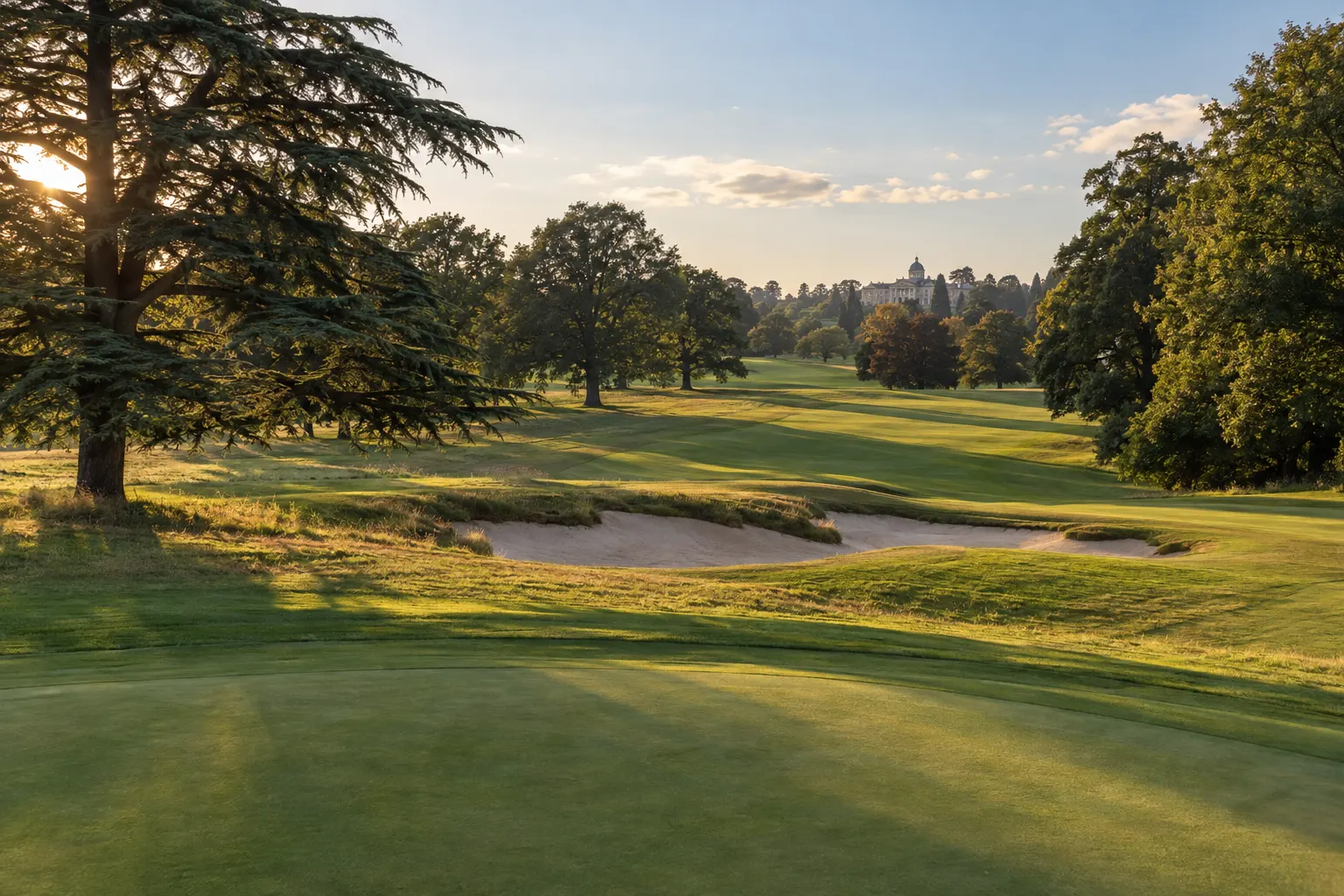 Illustrative mature parkland fairway and bunker at Stoke Park, grounded in current course imagery