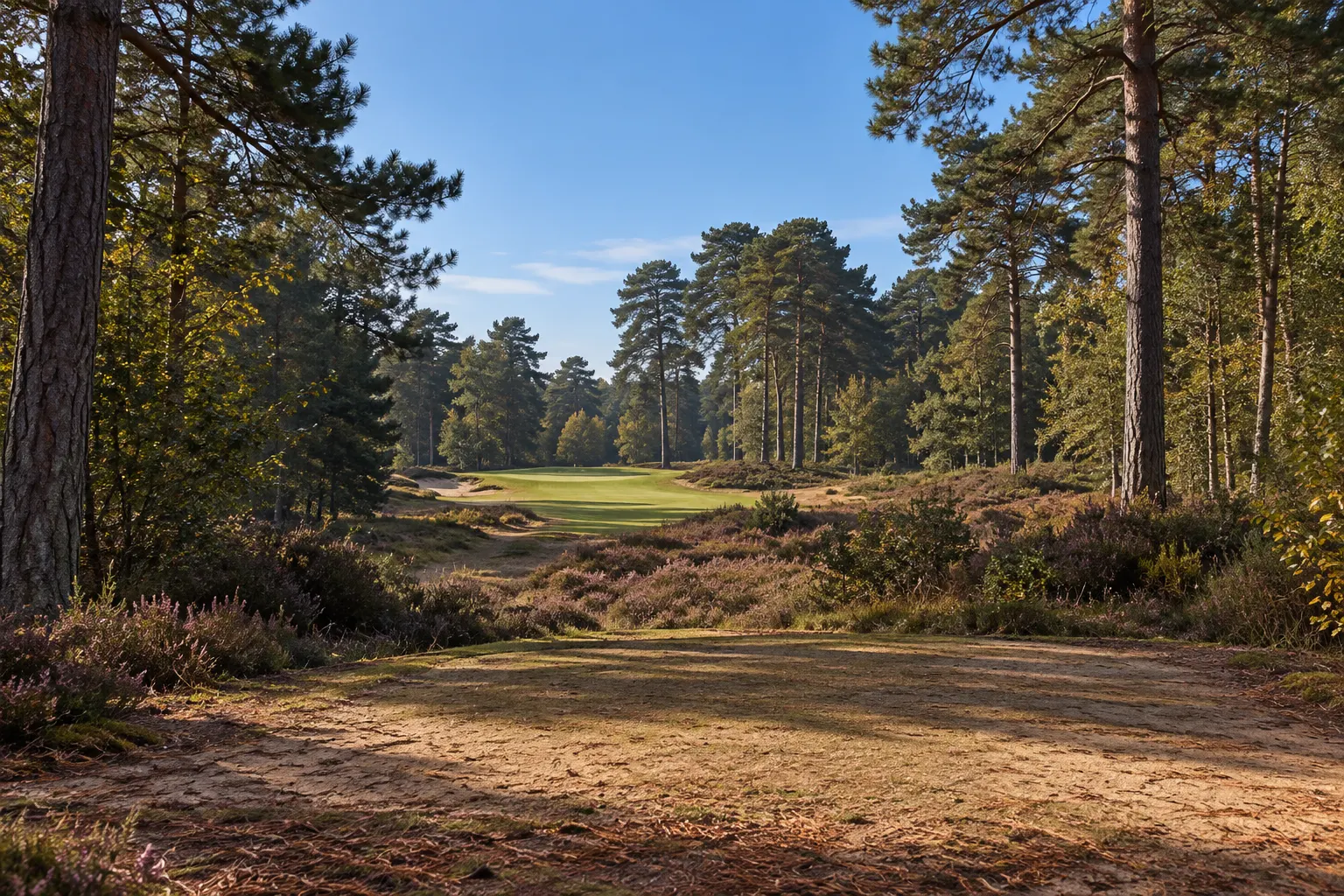 Illustrative woodland-framed Swinley Forest golf scene, grounded in licensed course photography