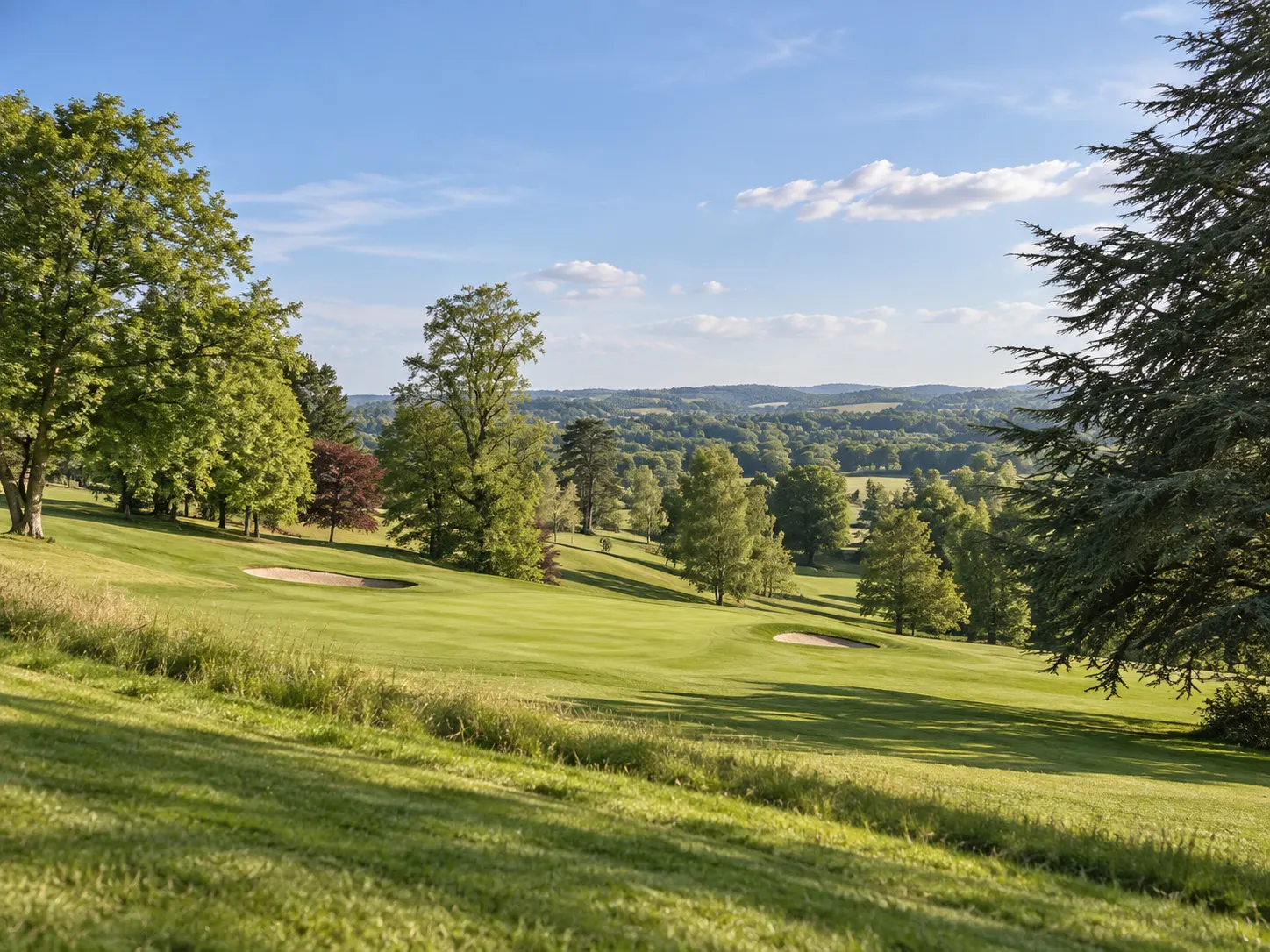 Illustrative view of Temple Golf Club's sloping wooded course, grounded in licensed photographs