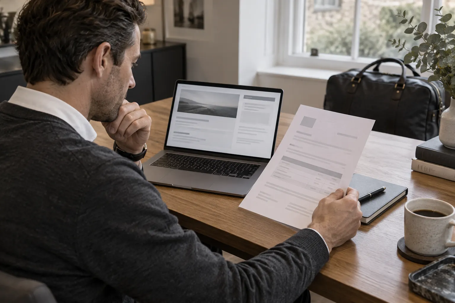 AI-generated illustration of a fictional traveller reviewing a blank booking summary beside a laptop; no actual FCET terms, confirmation or customer details are shown