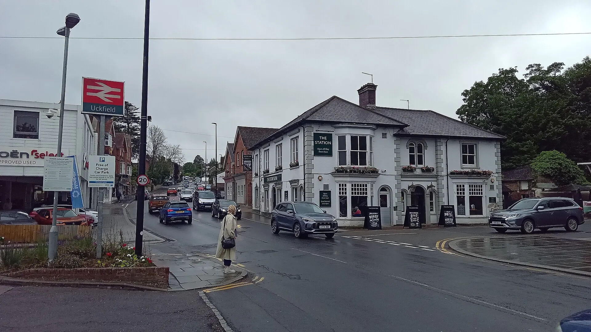 Buildings and street junction on Uckfield High Street in June 2025
