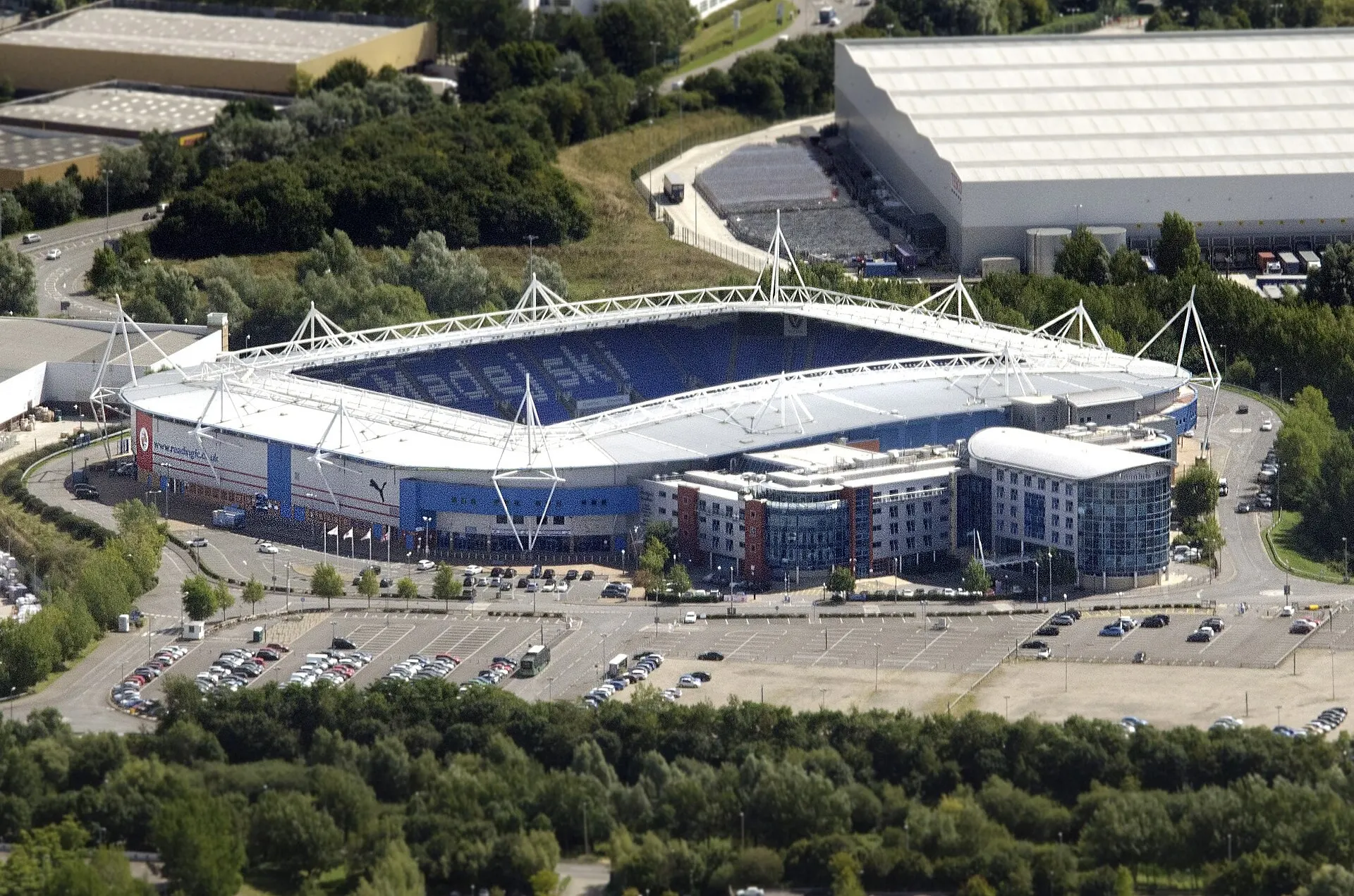 Aerial view of Reading FC's stadium and its surrounding approach roads