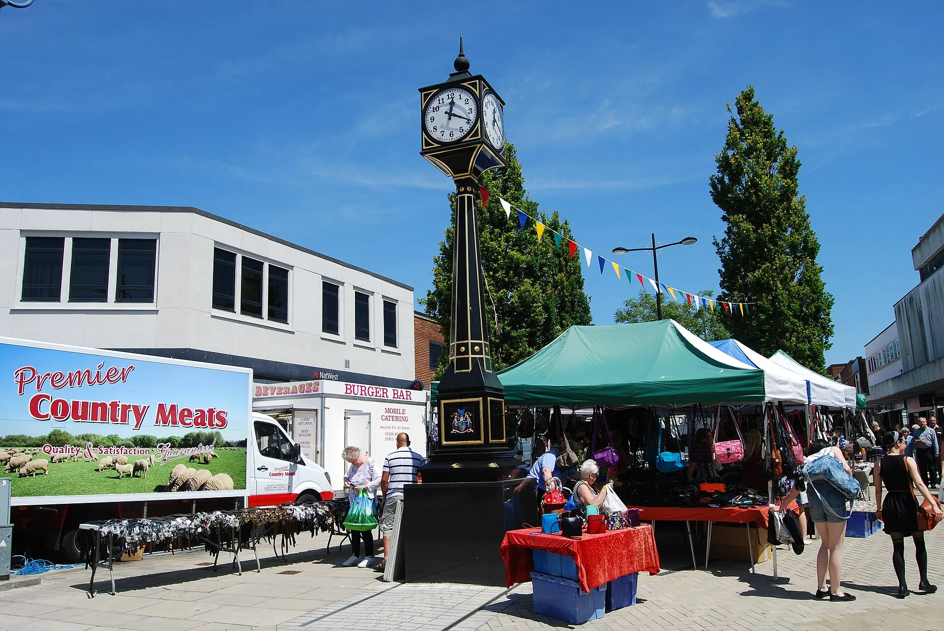 Waterlooville town clock and market stalls in July 2015