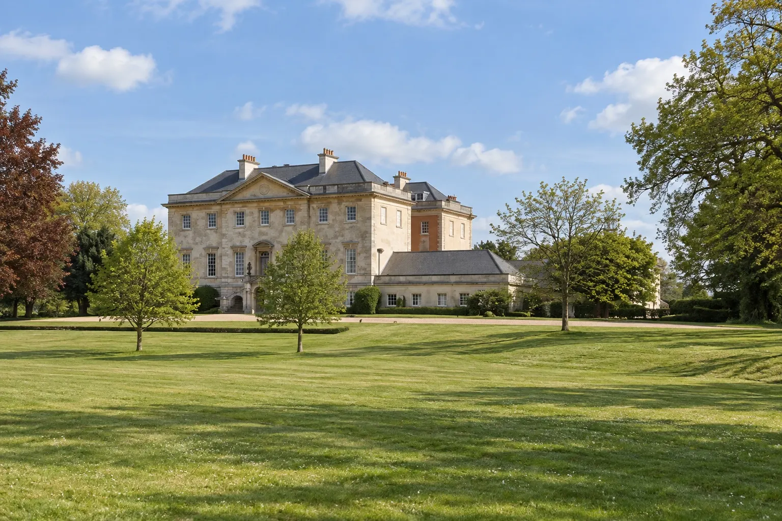 Illustrative spring view of Botleys Mansion's pale-stone Palladian frontage across its lawn