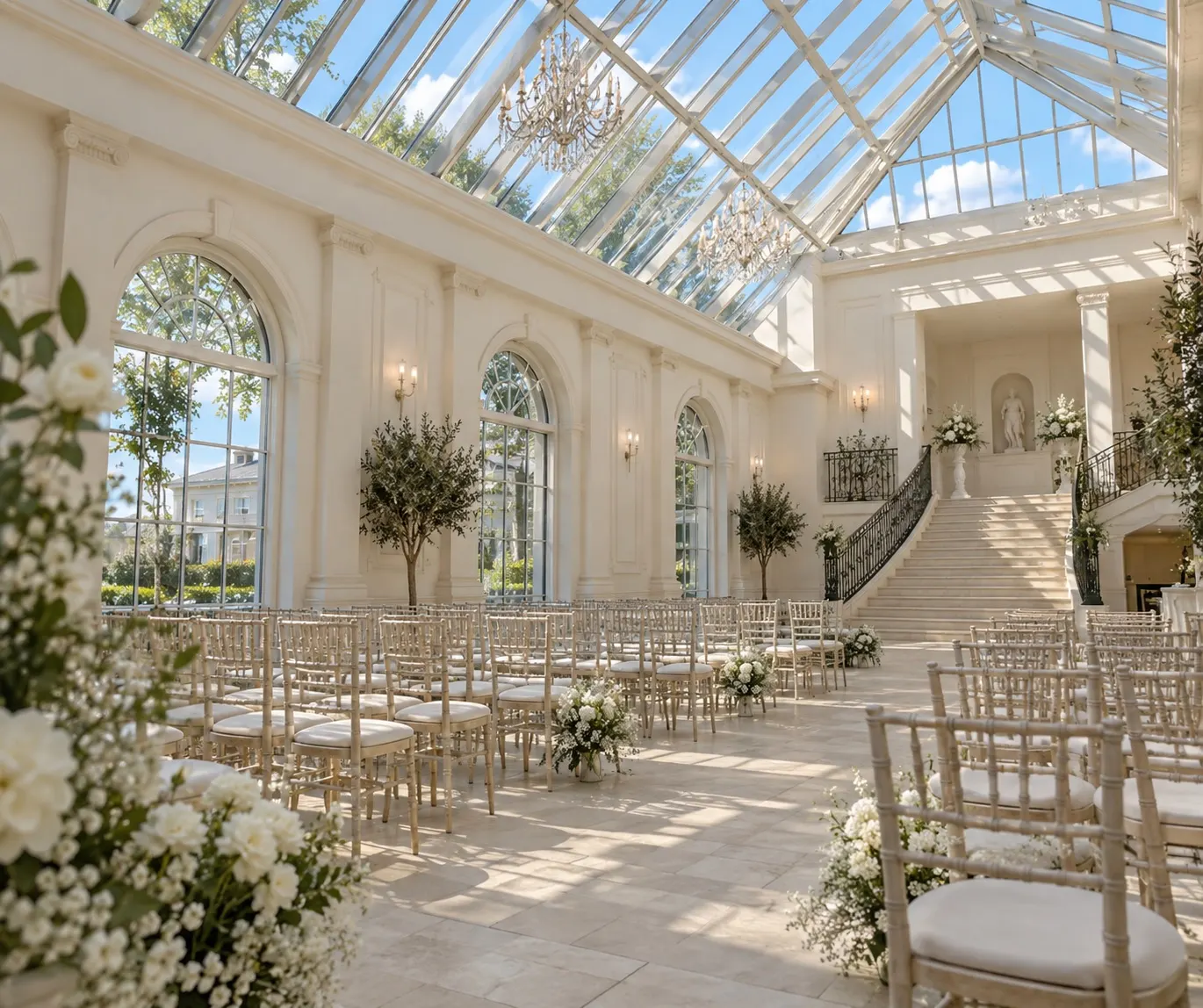 Illustrative glass-roofed wedding atrium inspired by Botleys Mansion's ceremony rooms