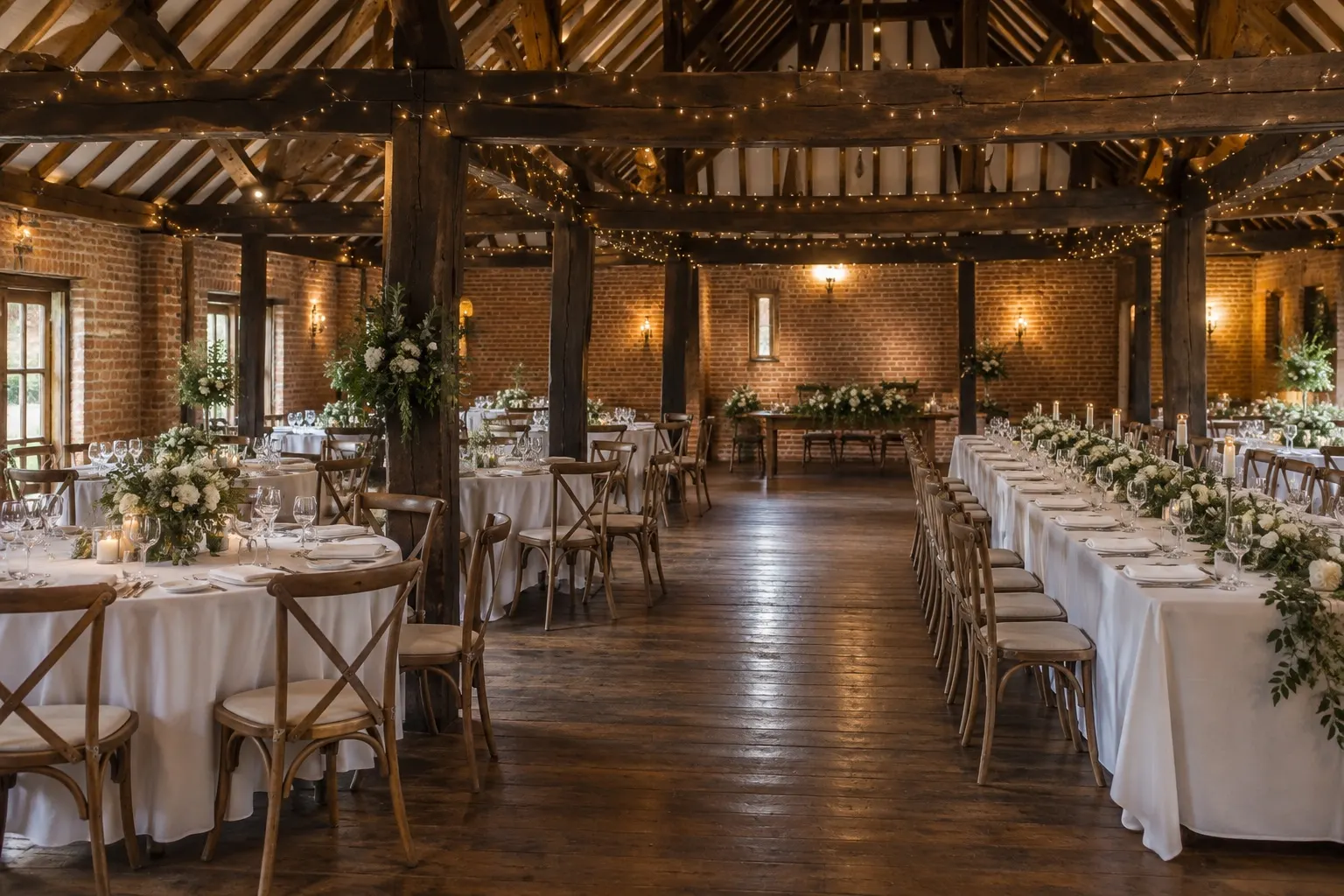 Illustrative wedding breakfast in a timber-framed barn inspired by Cantley House's venue