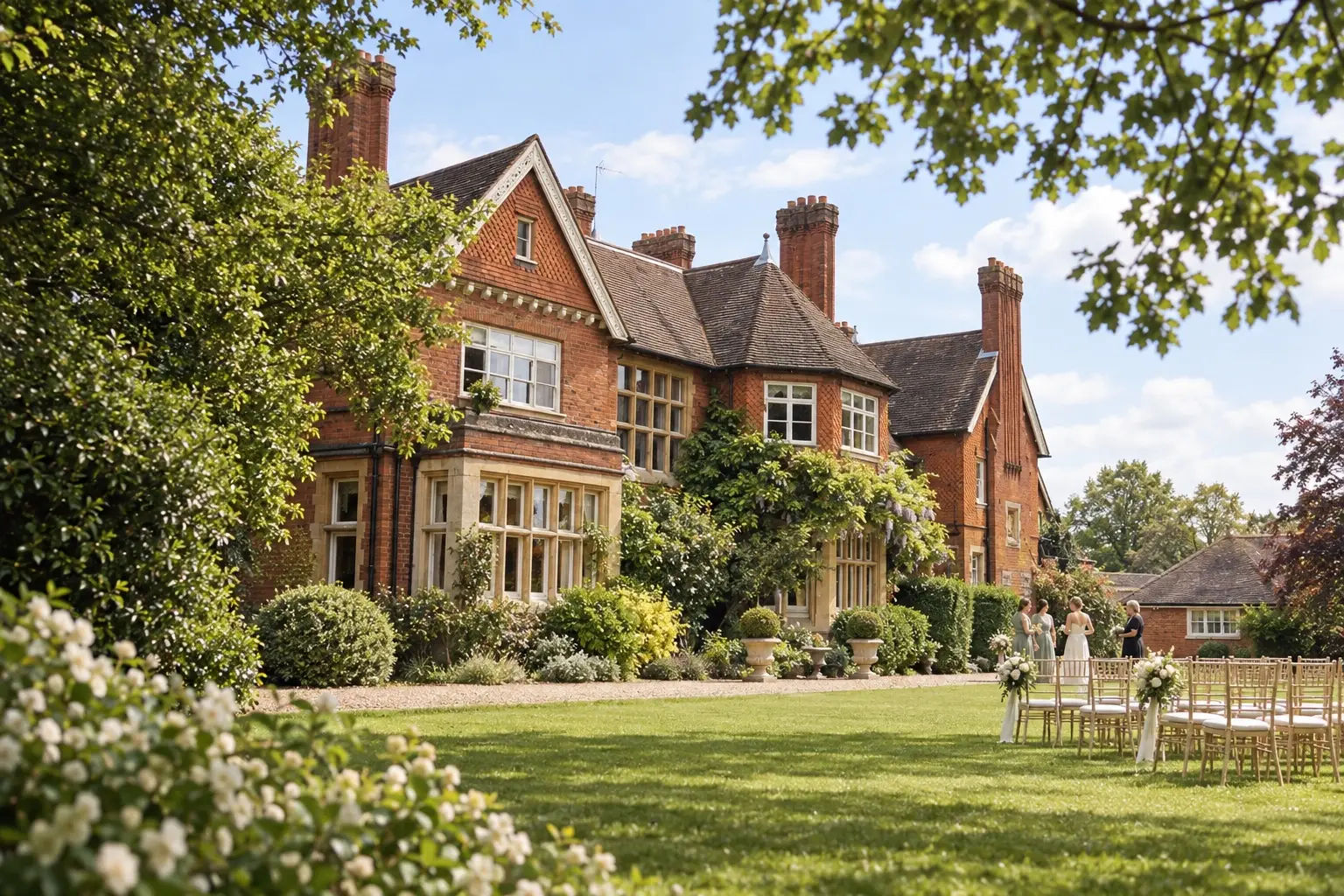 Illustrative garden-side view of Cantley House's red-brick manor in spring daylight