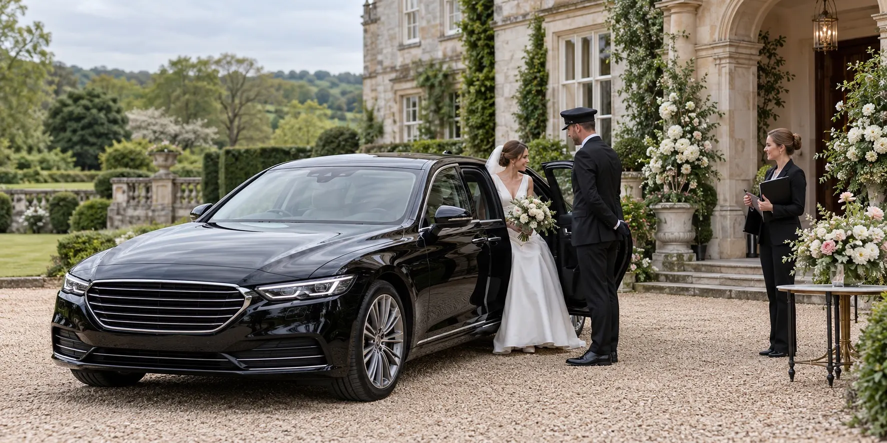 AI illustration of a fictional wedding car arrival at an English country house