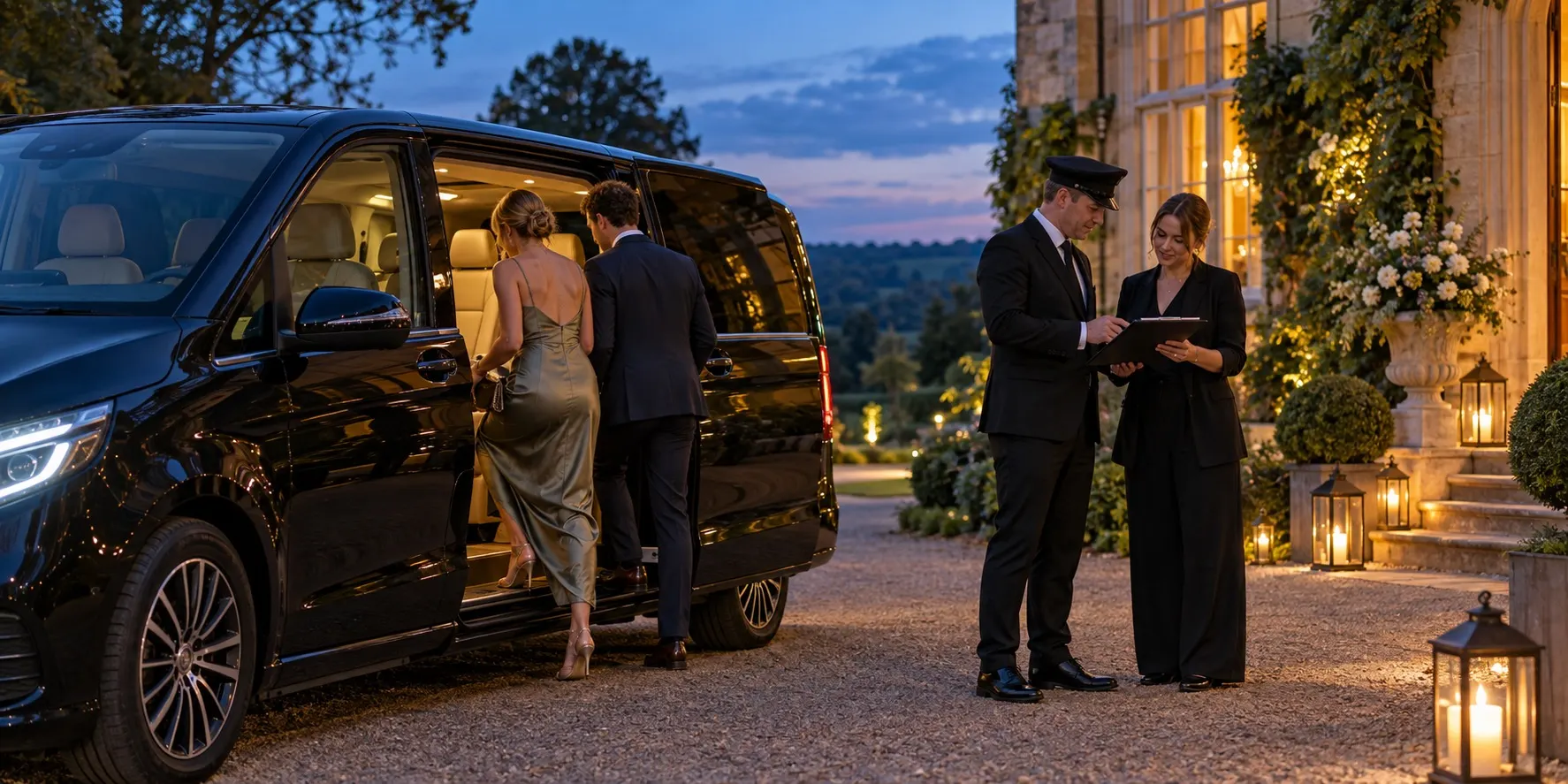 Illustrative wedding guests boarding a black people carrier at a fictional English country house at dusk