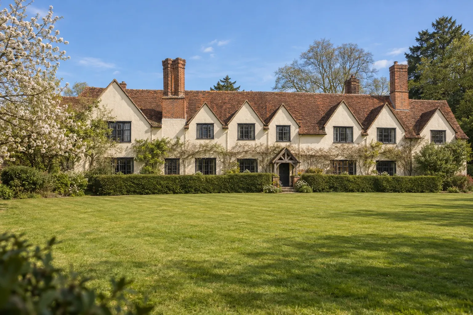 Illustrative spring view of Ufton Court's long gabled Elizabethan manor