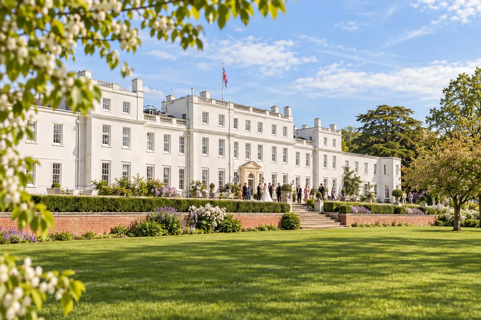Illustrative sunny wedding setting based on Wokefield Estate's real white Mansion House
