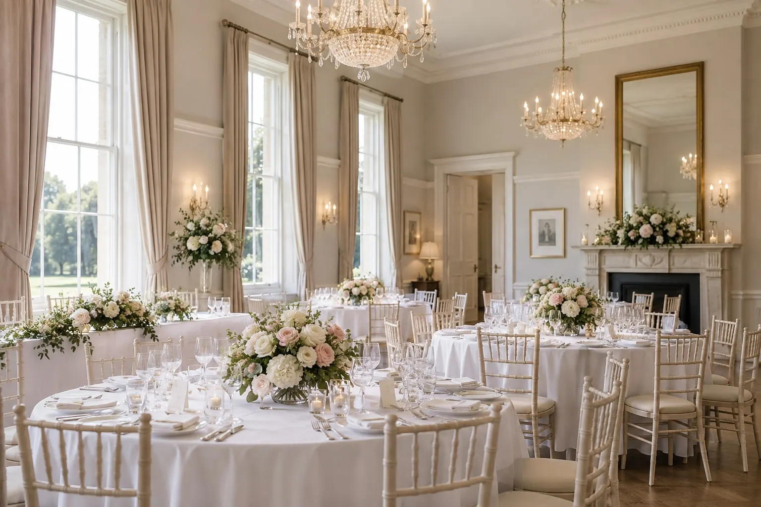 Illustrative wedding breakfast inspired by a Mansion House reception room at Wokefield Estate