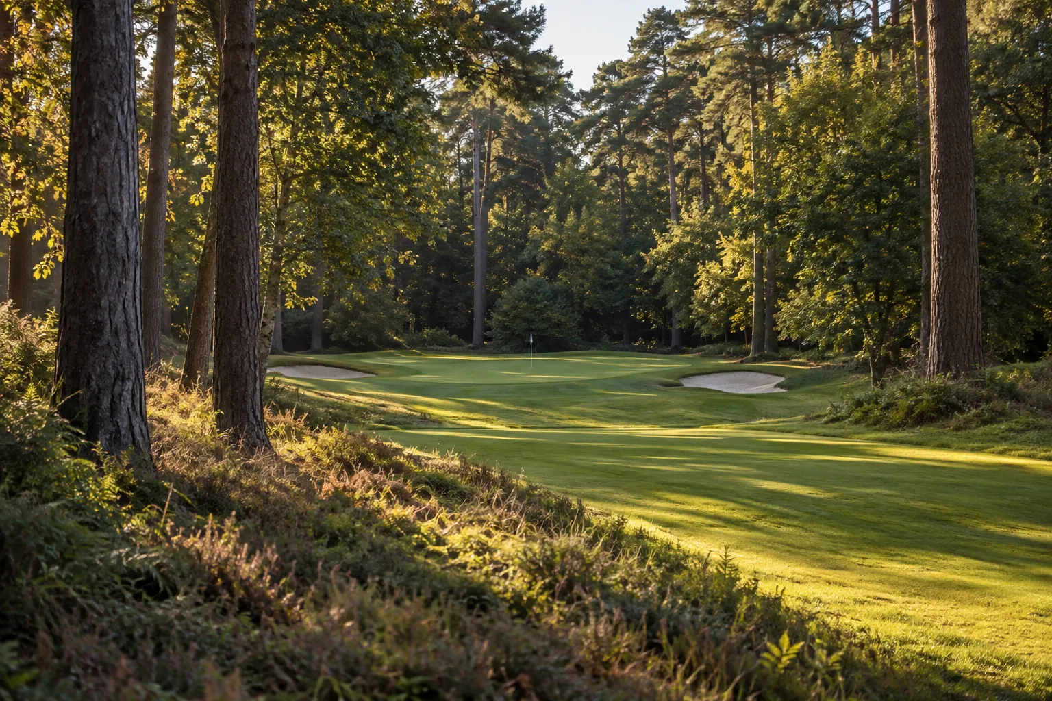 Illustrative narrow Duchess Course fairway at Woburn Golf Club, grounded in current course photography