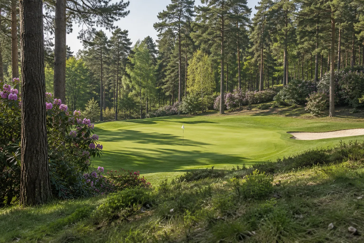 Illustrative Duke's Course green among pines and rhododendrons at Woburn Golf Club, grounded in current course photography