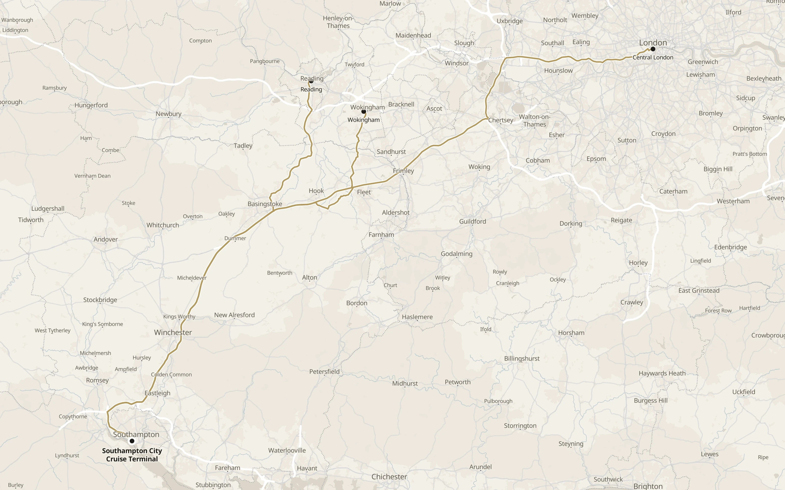 Road routes from Reading Wokingham and London to City Cruise Terminal
