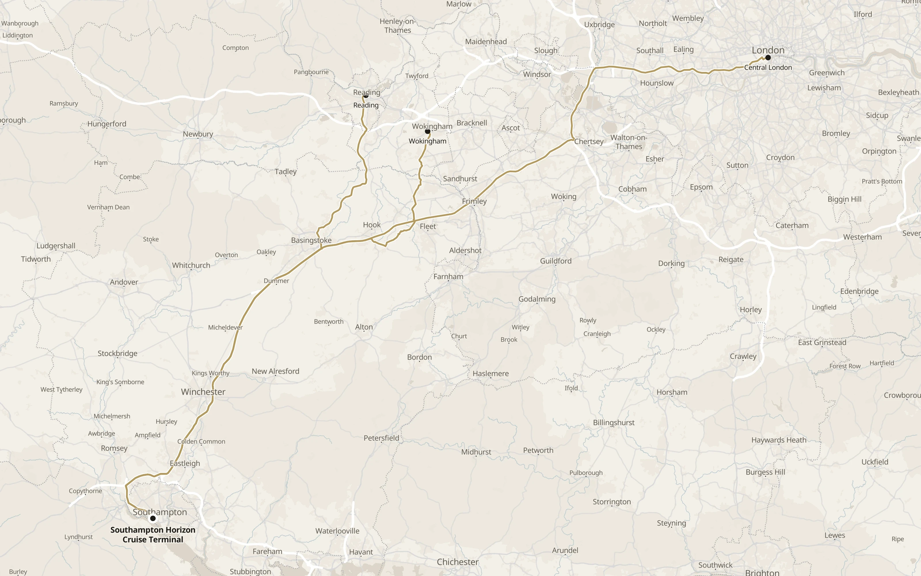 Road routes from Reading Wokingham and London to Horizon Terminal