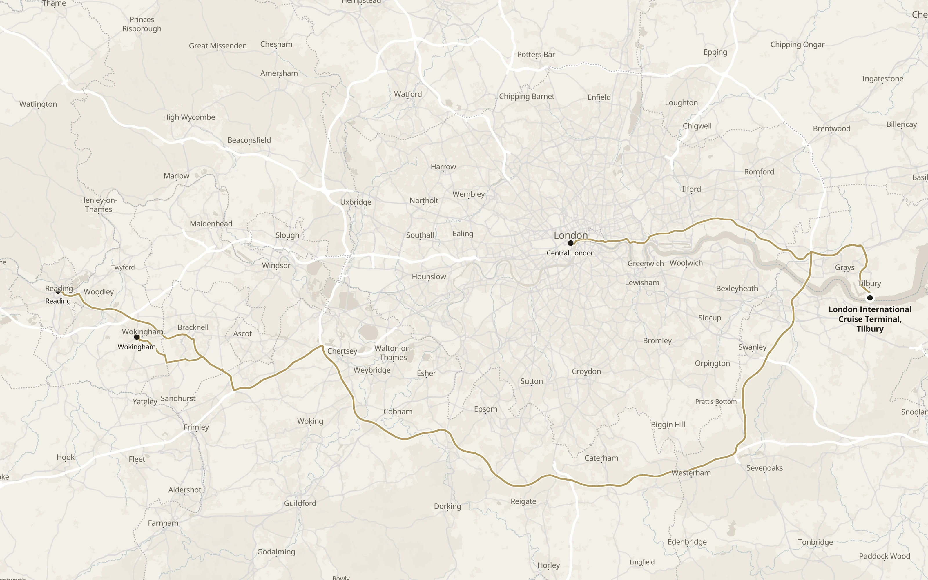 Road routes from Reading Wokingham and London to Tilbury Cruise Terminal