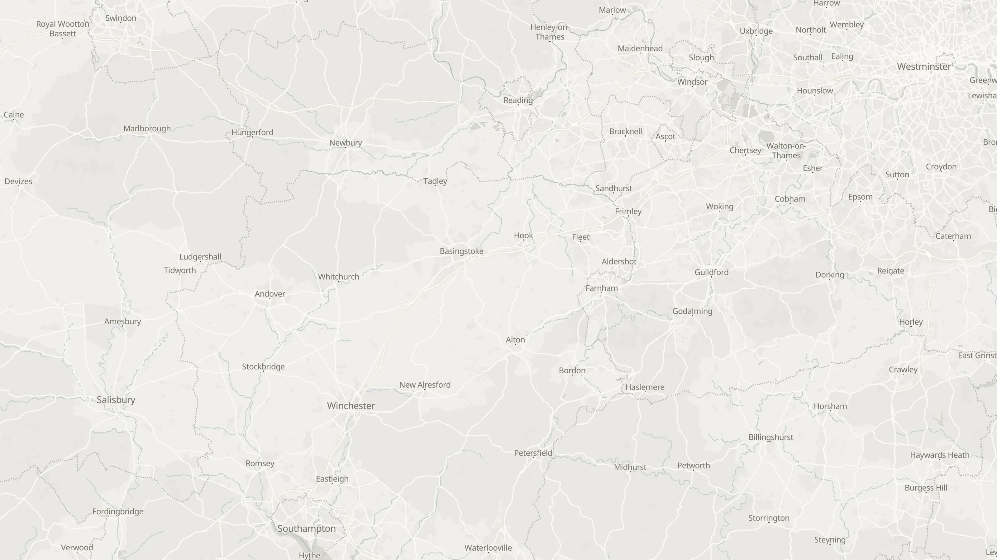 Route map from Basingstoke to Gatwick Airport along the planned road route