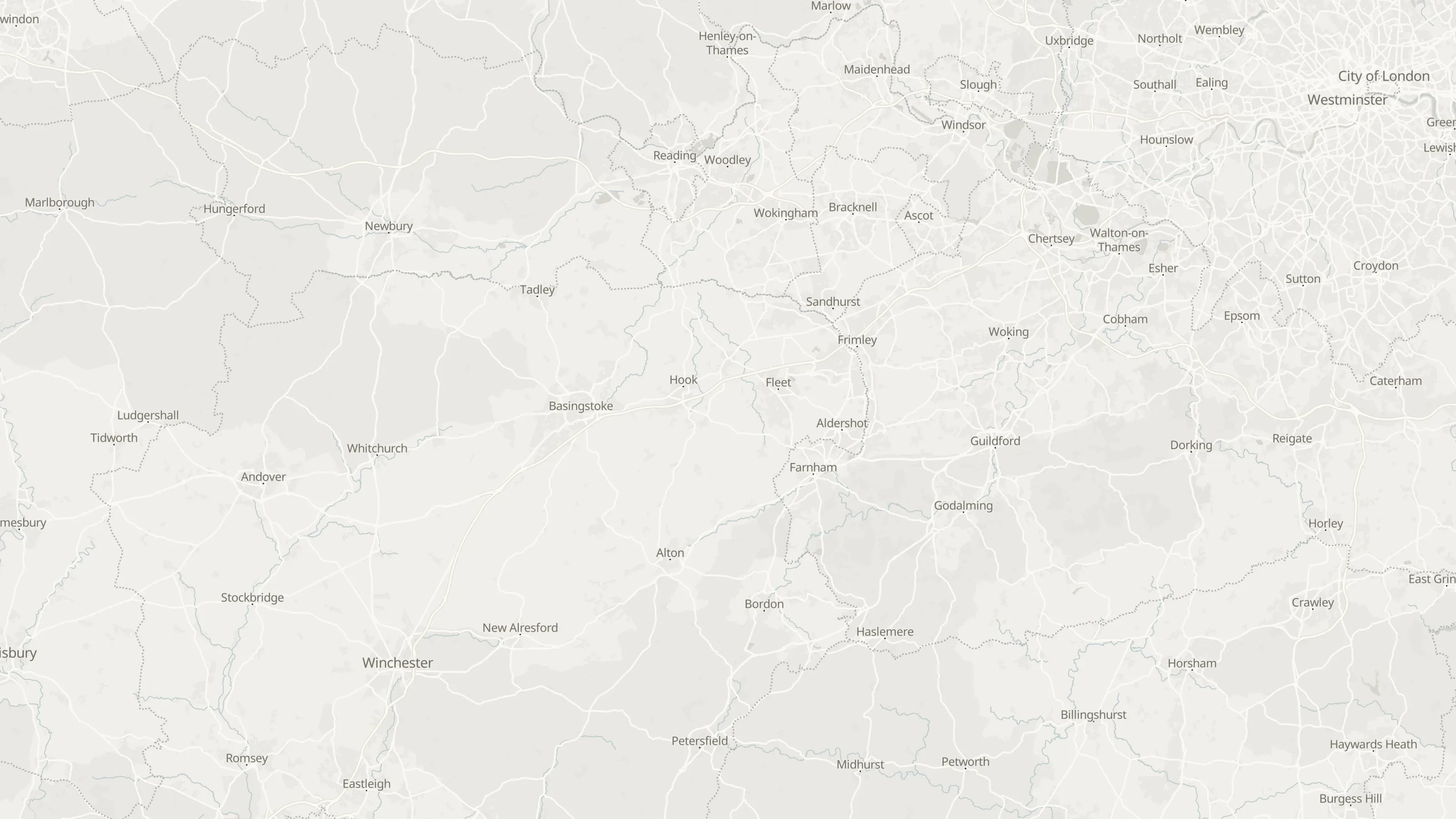 Route map from Reading to Gatwick Airport along the planned road route