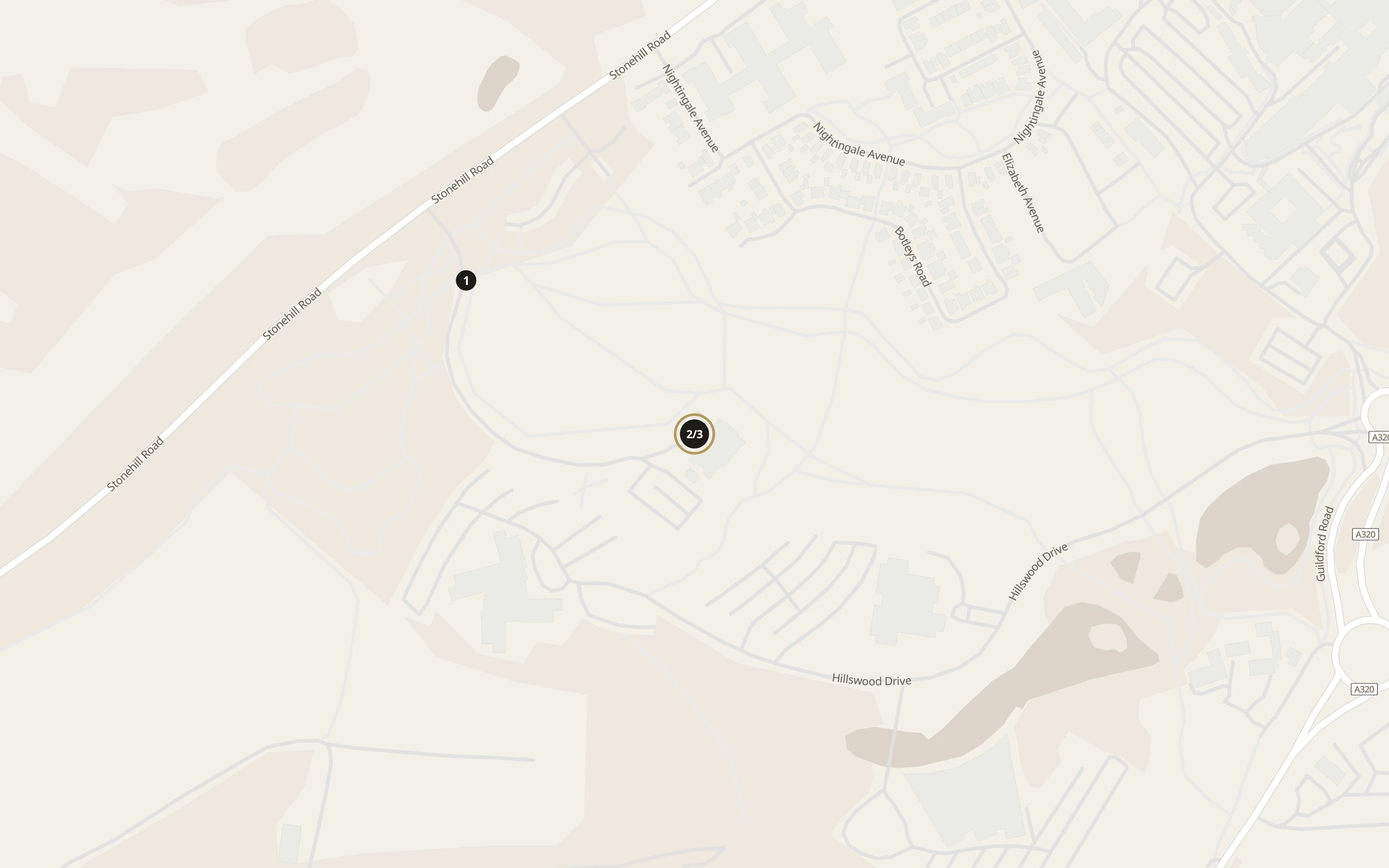 Numbered approach map for Botleys Mansion showing general vehicle arrival references